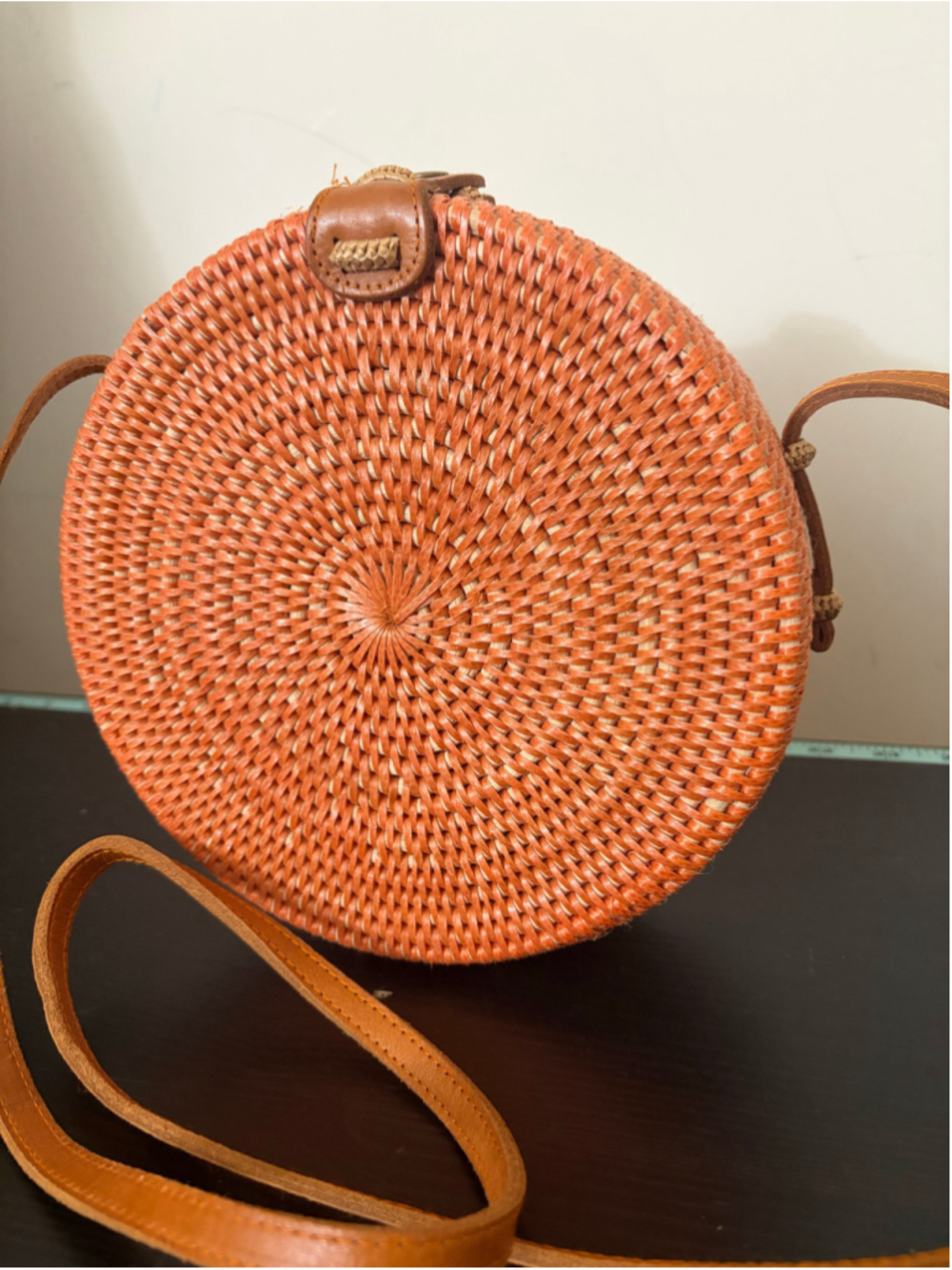 Koret Round Rattan Crossbody Bag Woven Straw Wicker Boho Circle Purse Leather